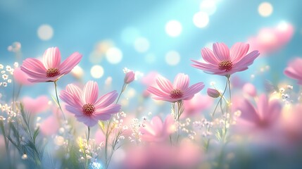 Poster - Delicate Pink Cosmos Flowers Against a Soft Blue Sky Backdrop : Generative AI