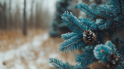 Wall Mural - Frosty winter landscape in snowy forest blue tree. Christmas background with fir trees and blurred background of winter