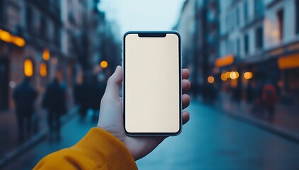 Poster - Blank Smartphone Display in Hand with Urban Street Blur for Creative Projects : Generative AI