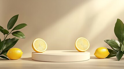 Aufkleber - Symmetrical Lemon Arrangement on Neutral Base with Leafy Accents : Generative AI
