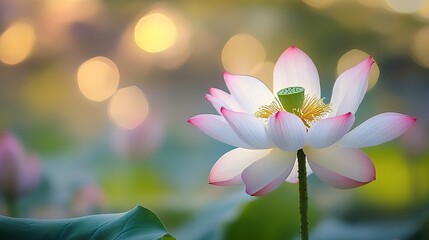Poster - Serene Pink Lotus in Bloom with Soft Bokeh Sunset Background Nature Beauty : Generative AI