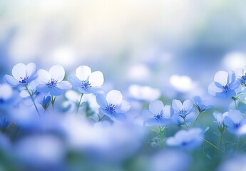 Canvas Print - Ethereal Blue Flowers in a Misty Garden Capturing Nature's Serenity and Delicate Beauty in Bloom : Generative AI