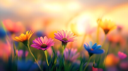 Poster - Serene Evening Wildflower Meadow Illuminated by the Setting Sun : Generative AI