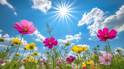 Poster - Cosmos Flowers in Full Bloom Amid Bright Sunlit Skies : Generative AI