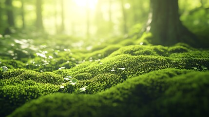 Poster - Peaceful Woodland Scene with Vibrant Sunlight and Inviting Green Moss : Generative AI
