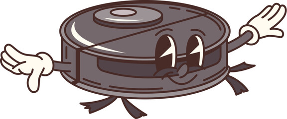 Leinwandbilder - Groovy cartoon robotic vacuum cleaner character representing cleaning efficiency and modern technology with a retro vibe. Vector household washing robotics innovative appliances personage for home