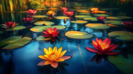 Poster - Peaceful Pond with Bright Red and Yellow Water Lilies and Green Lily Pads in Natural Setting : Generative AI