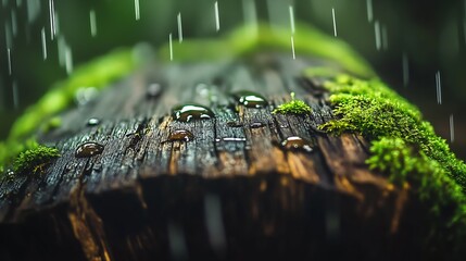 Aufkleber - Macro Raindrops and Moss on Aged Wood Creating a Lush Rainforest Scene : Generative AI