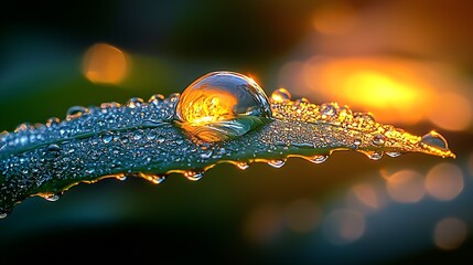 Poster - Macro Photography of Dew Drop on Leaf with Vivid Sunlight Reflection on Water Surface : Generative AI