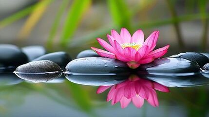 Poster - Serenity in Nature Pink Lotus Flower Reflects on Zen Garden Water : Generative AI
