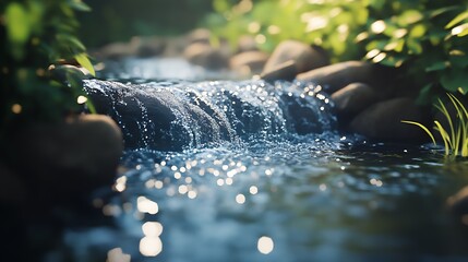 Poster - Tranquil Babbling Brook Surrounded by Lush Greenery and Sparkling Water in Serenity : Generative AI