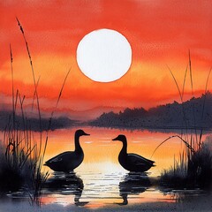 Wall Mural - Romantic Sunset Silhouette of Two Ducks on a Calm Lake.