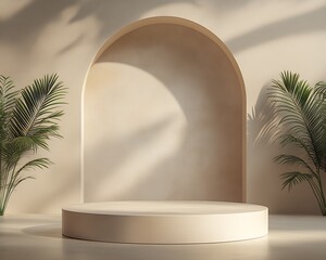 Poster - Minimalistic Indoor Arch Design with Sunlit Highlights and Palm Leaves : Generative AI