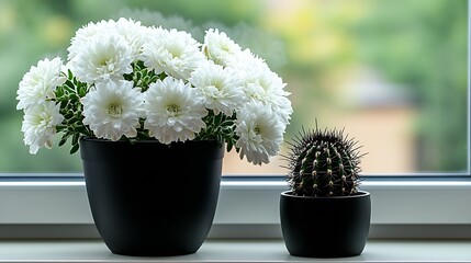 Poster - White Chrysanthemum and Green Cactus on Window Sill for Home Decoration Inspiration : Generative AI
