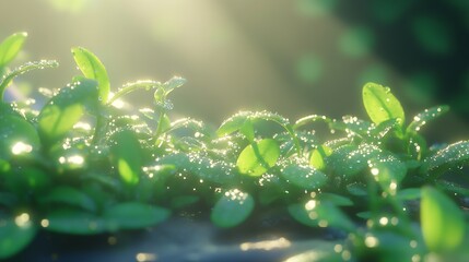 Poster - Lush Green Leaves Sparkling with Morning Dew Under Sunlight : Generative AI