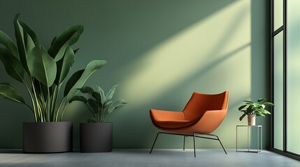 Poster - Stylish Living Room with Orange Chair and Green Themed Decor : Generative AI