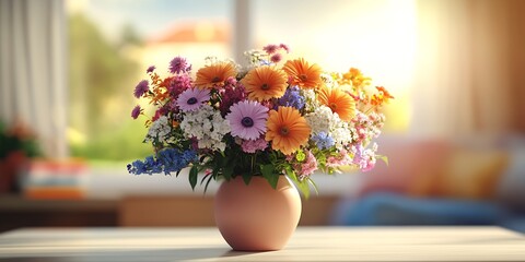Poster - Vibrant Floral Bouquet in Soft Sunlit Interior Setting with Blooming Blossoms : Generative AI