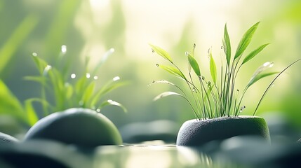 Poster - Peaceful Green Plant Sprouting from River Stone in Sunlit Atmosphere : Generative AI