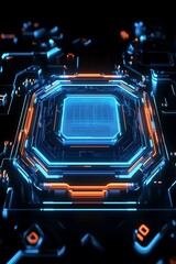 Poster - Futuristic Technology Design Featuring Neon-Glowing Circuit Board Elements with Geometric Patterns and Modern Aesthetic for Digital Art Projects and Innovation Themes