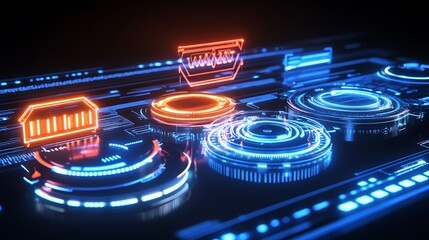 Poster - futuristic user interface elements with glowing circles and lines, conceptual technology background 