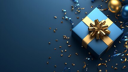 Aufkleber - Stylish Blue Gift Box with Shimmering Gold Bow Surrounded by Festive Confetti and Ribbons : Generative AI