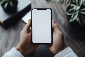 Poster - Person Holding Smartphone with Blank Screen for App Design and Mockup in Indoor Setting : Generative AI