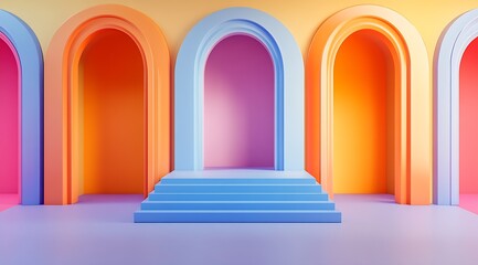 Poster - Symmetrical Pastel Arched Doorways Interior with Soft Light and Shadows : Generative AI