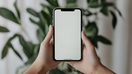 Poster - Hand Holding Blank Smartphone Screen Against Blurred Green Plant Background : Generative AI