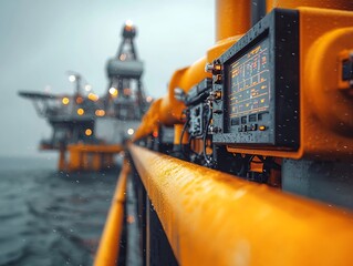 Poster - Focused offshore engineer closely monitoring intricate control panels and display screens on a towering coastal oil rig silhouetted against an overcast sky backdrop