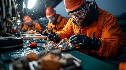 Poster - Offshore Geological Expedition Collecting Seafloor Rock and Sediment Samples for In Depth Compositional Analysis Aboard Deep Sea Vessel