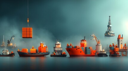Poster - Offshore logistics team coordinating the delivery of supplies to an offshore site seasoned maritime workers loading cargo ships industrial cranes hoisting crates and containers
