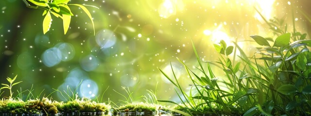 Wall Mural - lush greenery with sunlight and sparkling bokeh