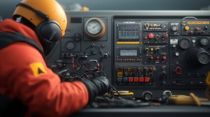 Poster - Offshore oil and gas technicians in protective gear inspecting and servicing specialized equipment machinery and control panels on an industrial drilling platform