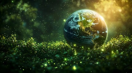 Poster - majestic view of planet earth from space surrounded by glowing green eco friendly energy icons symbo