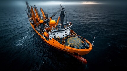 Poster - Aerial perspective of a large offshore seismic survey vessel equipped with multiple cranes and advanced scientific instrumentation
