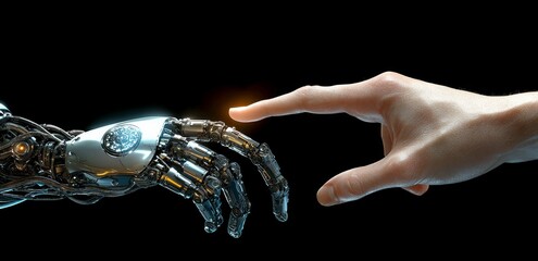 Poster - A 3D rendering of a white cyborg finger poised to touch a human finger.