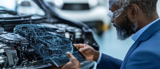 Aufkleber - An engineering manager oversees and regulates robotic welding arms in a smart factory using real-time monitoring software, focusing on welding robotics and digital manufacturing operations.