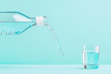 Poster - Putting water in a glass from a bottle on a blue background