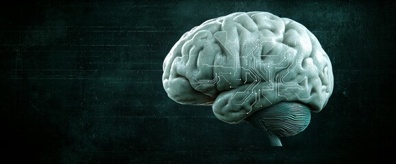 Leinwandbilder - A human brain set against a technological backdrop symbolizes the concepts of stock and cyberspace.