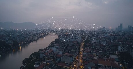 Fototapete - Communication network and smart city concept. Digital network connections