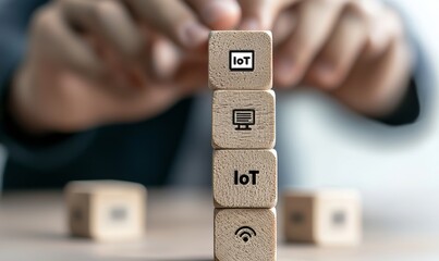 Poster - Women's hand holding wood block stacks with iot (Internet of Things). Hand placing iot of wood cube block on top pyramid. Internet of Things concept.