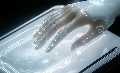 Fototapete - A 3D rendering of a robotic hand typing on a laptop keyboard.