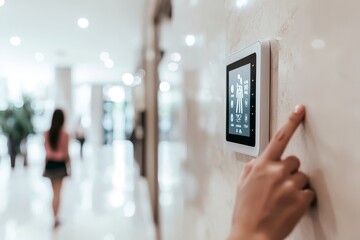 Aufkleber - An automation, internet of things, and technology concept shows a woman using a tablet computer at her smart home