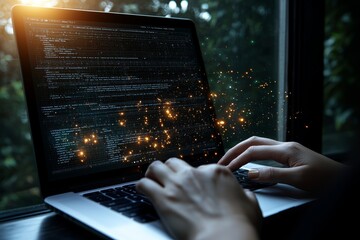 Poster - The mockup image displays a computer screen with a blank white background for advertising text, while a man at a home office desk uses a laptop to contact and search for business information,