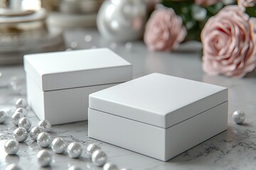 Aufkleber - Blank white flat square gift box with flap lid in open and closed state on white background. Clipping path around box mock up.