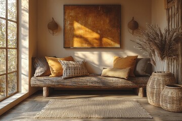 Poster - Living room composition with a modern chaise longue, mock up paintings, rattan decoration, pillows, plaid, bamboo shelf, and elegant accessories. Stylish Korean decor.