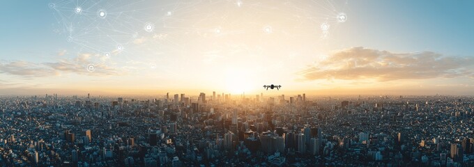 Poster - Modern city skyline double exposure mixed media IOT concepts. Wireless communication.