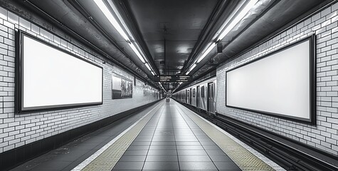Poster - Mockup Poster media template displaying ads in NYC Subway Stations on the background of moving trains. Just a stitched 3D render illustration, realistic and detailed.