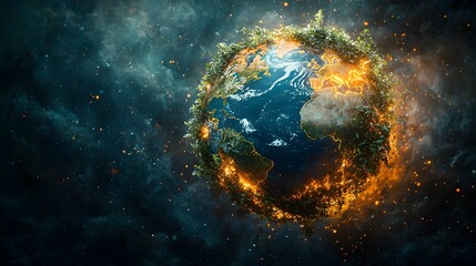 Poster - abstract of planet earth made from recycled materials with sustainable green energy beams depicting 