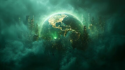 Poster - sustainable abstract earth made of recycled materials with glowing green energy beams highlighting t